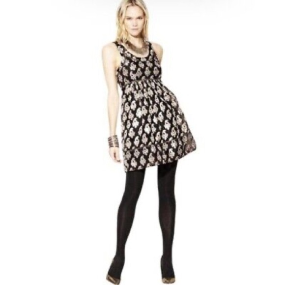 Free People 🖤 Jacquard Sleeveless Mini Dress Black Tan Metallic Studs Womens 10 - Picture 2 of 13